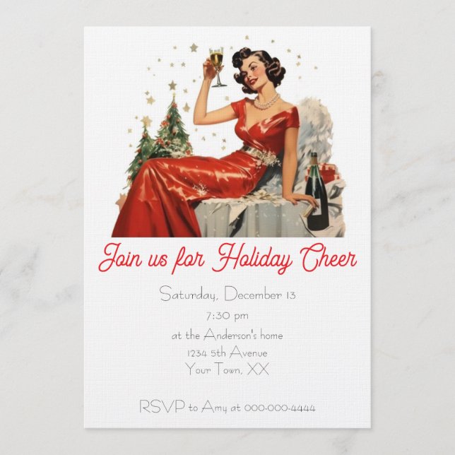 Invitación Fiesta de Navidad Retro Dama de Rojo de los 50 (Anverso)