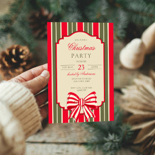 Invitación Fiesta de Navidad retro rojo verde rayas con lazo