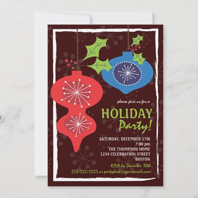 Invitación Fiesta de Navidad Retro Rojo y Azul (Anverso)