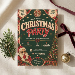 Invitación Fiesta de Navidad Retro Verde con Bola de Disco
