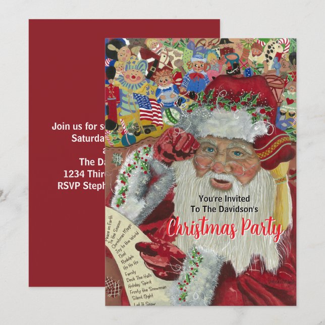 Invitación Fiesta de Navidad Roja 20XX Santa Comprobándolo do (Anverso / Reverso)