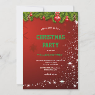 Invitación fiesta de NAVIDAD roja Adornos y Copos de nieve