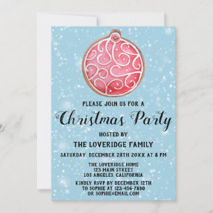 Invitación Fiesta de Navidad Roja Bola Galleta Azul Nieve