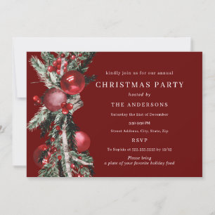Invitación Fiesta de Navidad Roja con Follaje Tradicional