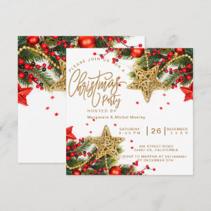 Invitación Fiesta de NAVIDAD roja copos de nieve dorados Árbo