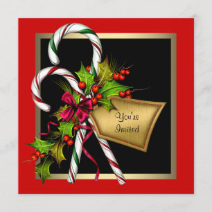 Invitación Fiesta de Navidad roja de acebo y bastón de carame