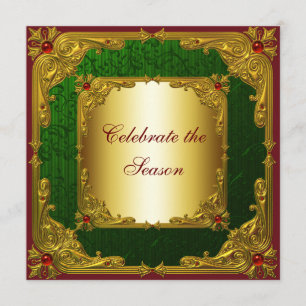 Invitación Fiesta de Navidad roja elegante del oro verde