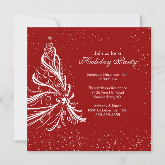 Invitación Fiesta de Navidad roja y blanca elegante del día (Anverso)