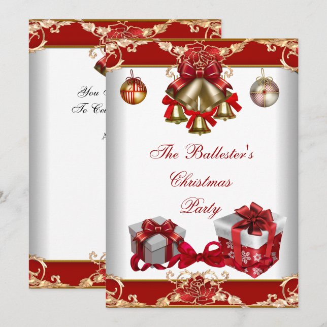 Invitación Fiesta de Navidad Rojo Blanco Oro (Anverso / Reverso)
