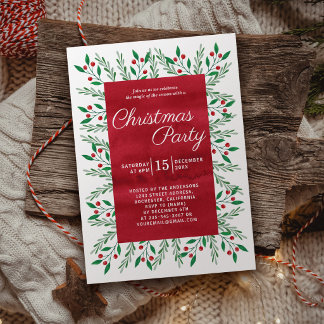 Invitación Fiesta de Navidad Rojo Botánico Acuarela