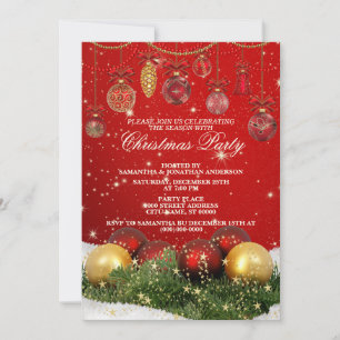 Invitación Fiesta de Navidad Rojo Hermoso Elegante Brillante
