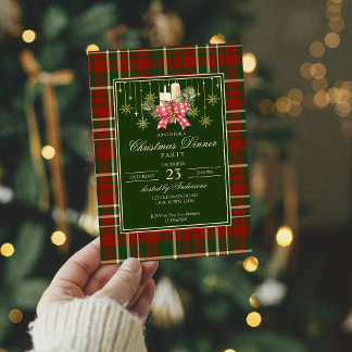Invitación fiesta de Navidad rojo verde cuadros de pino elega
