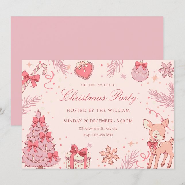Invitación Fiesta de Navidad rosa linda (Anverso / Reverso)