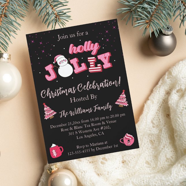Invitación fiesta de Navidad rosa negra alegre Chic Moderno (Subido por el creador)