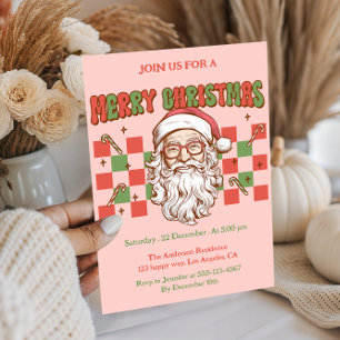 Invitación Fiesta de Navidad Rosa Retro Santa