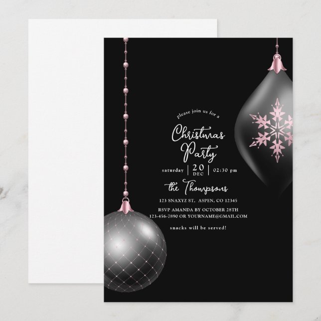 Invitación Fiesta de Navidad Rosa Rubor y Negro (Anverso / Reverso)