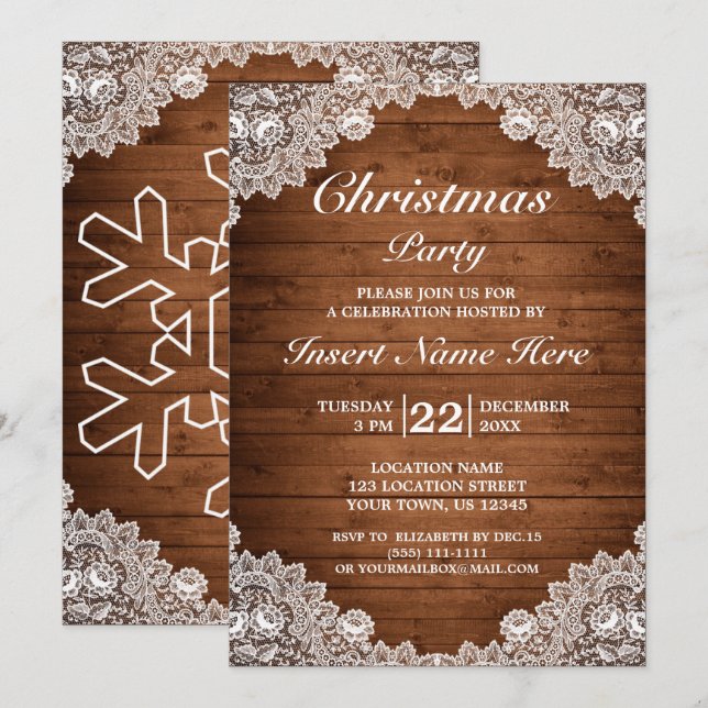 Invitación Fiesta de Navidad Rustic Wood & White Lace Merry (Anverso / Reverso)