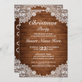 Invitación Fiesta de Navidad Rustic Wood & White Lace Merry