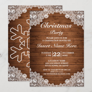 Invitación Fiesta de Navidad Rustic Wood & White Lace Merry