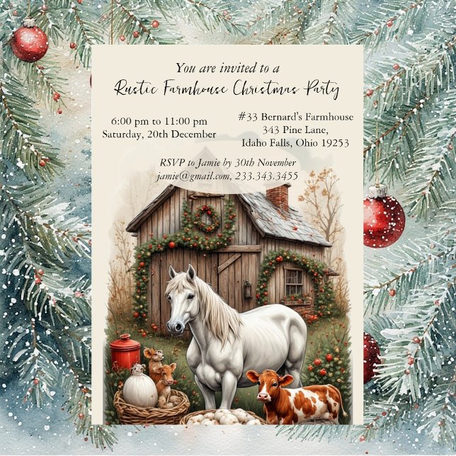 Invitación Fiesta de Navidad Rústica con Caballo de Granja Vi (Vintage Country Farm Horse Rustic Christmas Party Invitation)