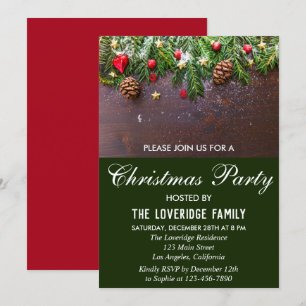 Invitación Fiesta de Navidad rústica festiva roja y verde en 