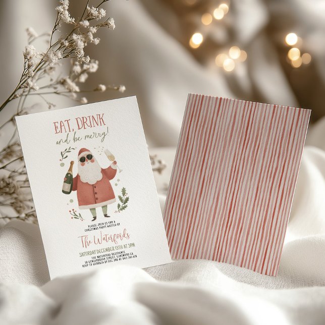 Invitación Fiesta de Navidad Santa Come Bebamos y Alegrémonos (Eat Drink and Be Merry! Christmas Invitation with Santa in sunglasses and champagne)