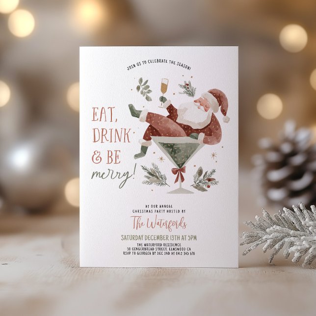Invitación Fiesta de Navidad Santa Martini  (Eat Drink & Be Merry! A fun Christmas Party invite with Santa in a Martini Glass )