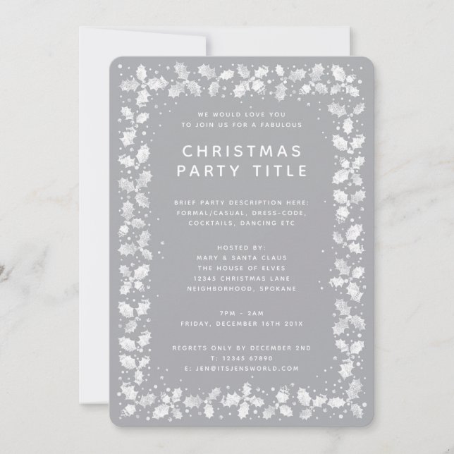 Invitación Fiesta de Navidad Simple Moderna Gris + Blanca Hol (Anverso)