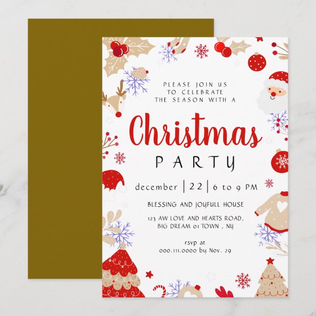 Invitación Fiesta de Navidad Tradicional de Invierno Elegante (Anverso / Reverso)