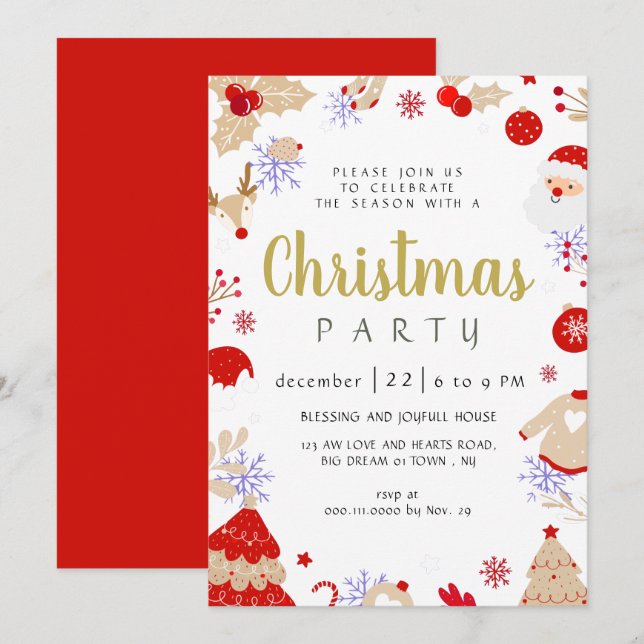 Invitación Fiesta de Navidad Tradicional de Invierno Elegante (Anverso / Reverso)