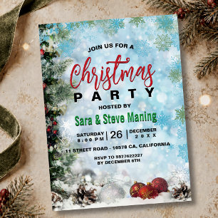 Invitación Fiesta de Navidad verde copos de nieve elegantes d