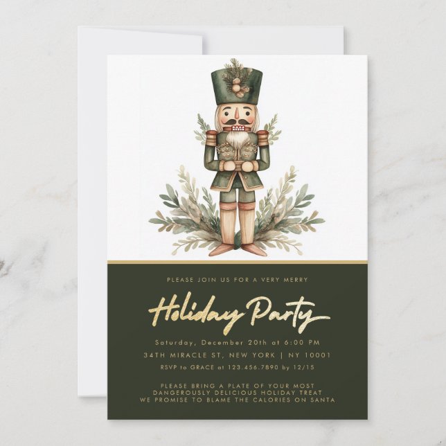Invitación Fiesta de Navidad Verde Dorado Cascanueces (Anverso)