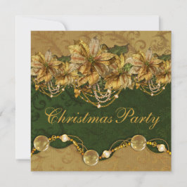 Invitación Fiesta de Navidad Verde Dorado Poinsettia Gold