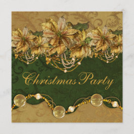 Invitación Fiesta de Navidad Verde Dorado Poinsettia Gold
