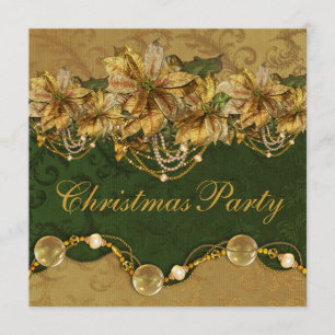 Invitación Fiesta de Navidad Verde Dorado Poinsettia Gold