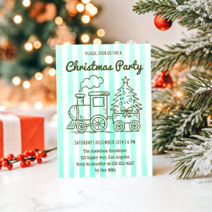 Invitación Fiesta de Navidad Verde Menta con Tren y Árbol    