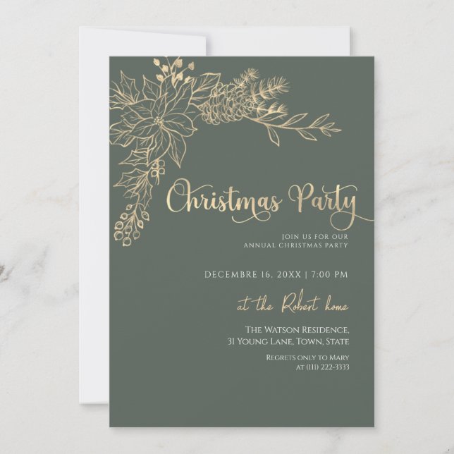 Invitación Fiesta de Navidad Verde y Dorada (Anverso)