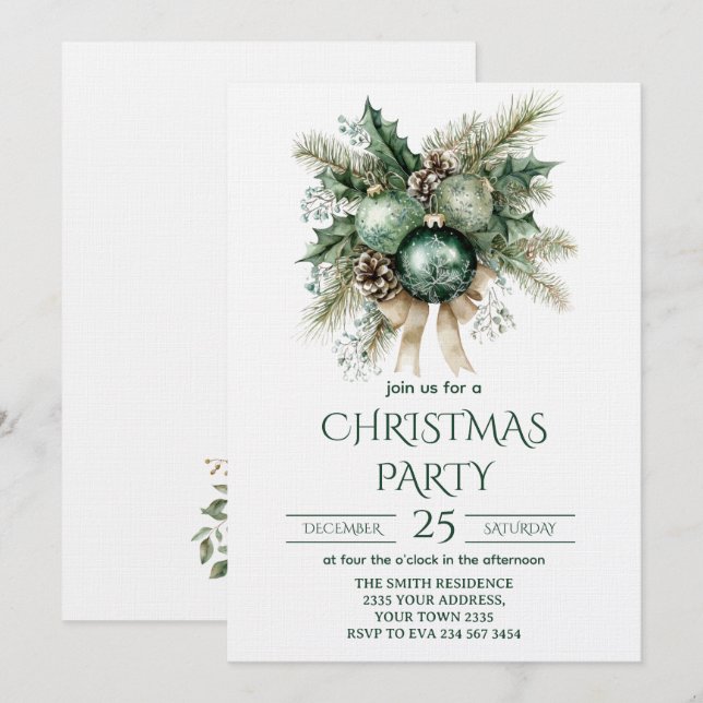 Invitación Fiesta de Navidad Verde y Dorada (Anverso / Reverso)