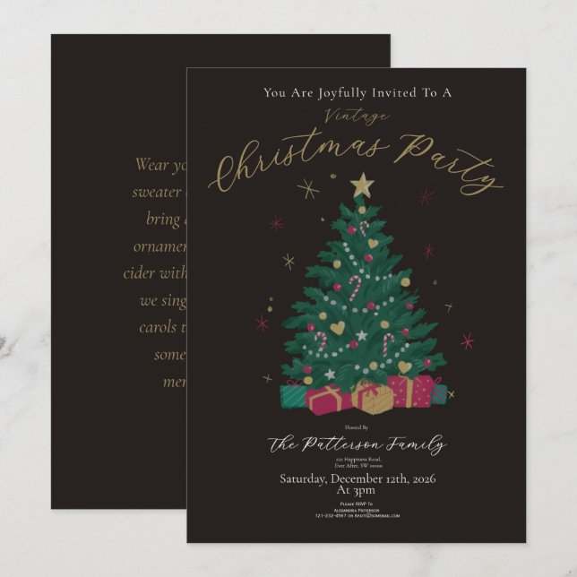 Invitación Fiesta de Navidad Vintage Árbol Rústico (Anverso / Reverso)