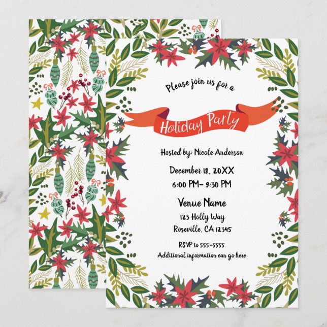 Invitación Fiesta de Navidad Whimsical Floral Bayas (Anverso / Reverso)