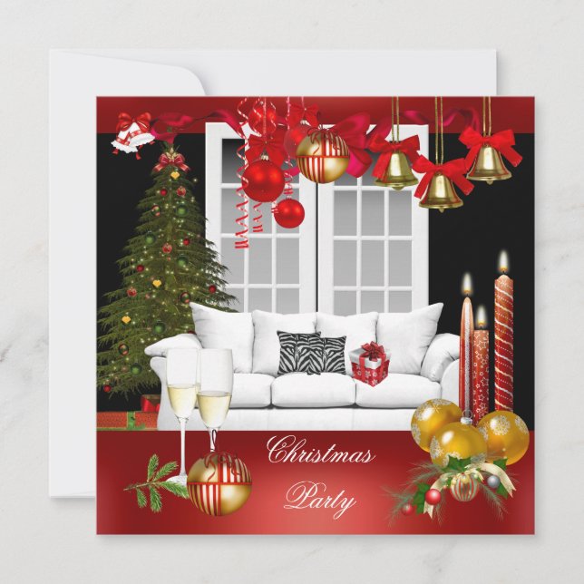 Invitación Fiesta de Navidad Xmas Party Bolas Rojas Blancas (Anverso)