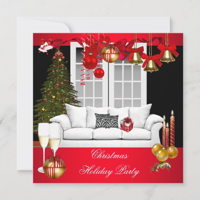 Invitación Fiesta de Navidad Xmas Party Bolas Rojas Blancas (Anverso)