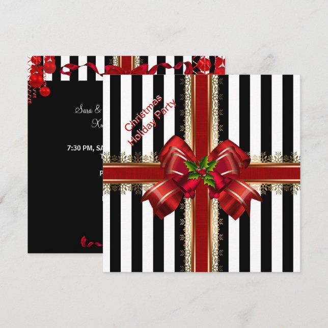 Invitación Fiesta de Navidad Xmas raya roja y blanca (Anverso / Reverso)