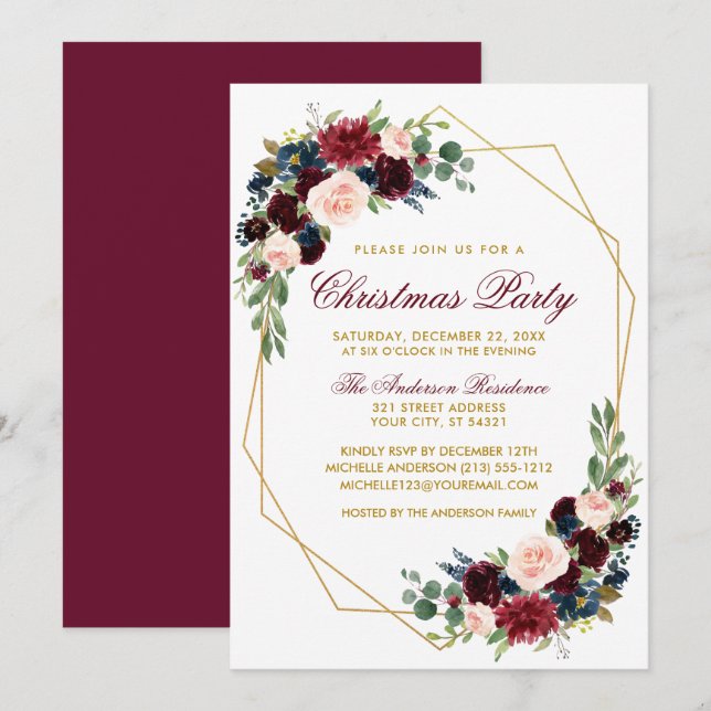 Invitación Fiesta de Navidades acuarelas Floral Gold (Anverso / Reverso)