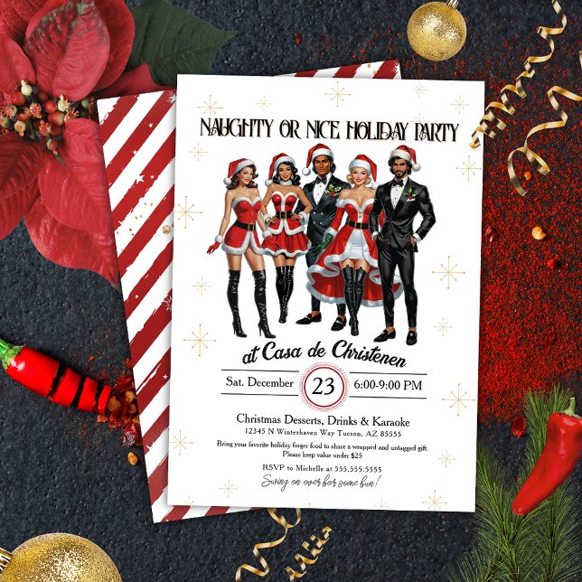 Invitación Fiesta de Navidades Adultos Sassy Naughty o Niza (Sexy adults only Christmas Party invitation for naughty or nice vintage pin up holiday lifestyle)