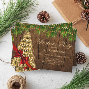 Invitación Fiesta de navidades   Árbol de oro ruso y cinta ro