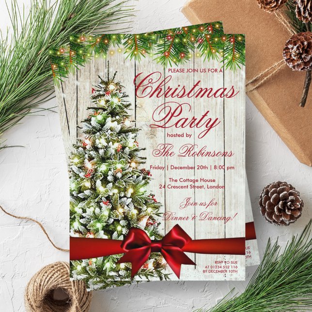 Invitación Fiesta de navidades | Árbol rústico, luces y cinta (Christmas Party | Rustic Tree, Lights & Red Ribbon Invitation)