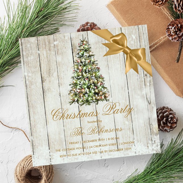 Invitación Fiesta de navidades | Árbol rústico y cinta dorada (Christmas Party | Rustic Tree & Gold Ribbon Invitation)