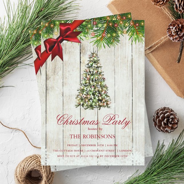 Invitación Fiesta de navidades | Árbol rústico y cinta roja (Christmas Party | Rustic Tree & Red Ribbon Invitation)