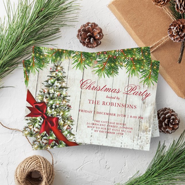 Invitación Fiesta de navidades | Árbol rústico y cinta roja (Christmas Party | Rustic Tree & Red Ribbon Invitation)